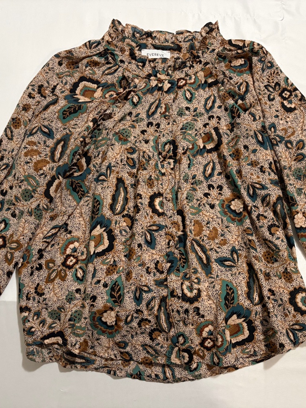 EVEREVE Womens Small Floral Paisley Blouse Long Sleeve Ruffle Neck Mock Neck Top